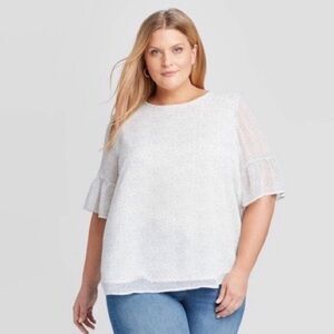 Ava & Viv Watercolor Blue Print Ruffle Sleeve Top 1X